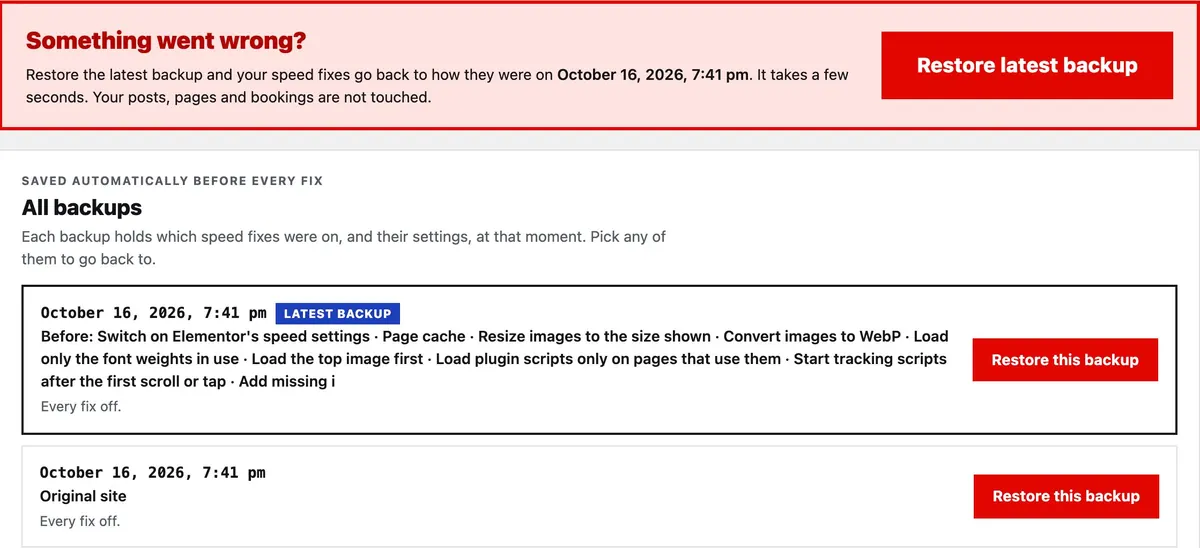 Backups tab: a Restore latest backup button, then every saved backup with the date, what was on, and a Restore this backup button. The Original site backup is at the bottom.