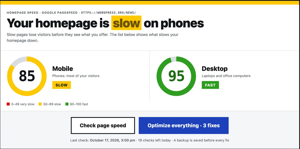 The GreenScore WP dashboard: mobile and desktop PageSpeed scores in coloured rings, with Check page speed and Optimize everything buttons.