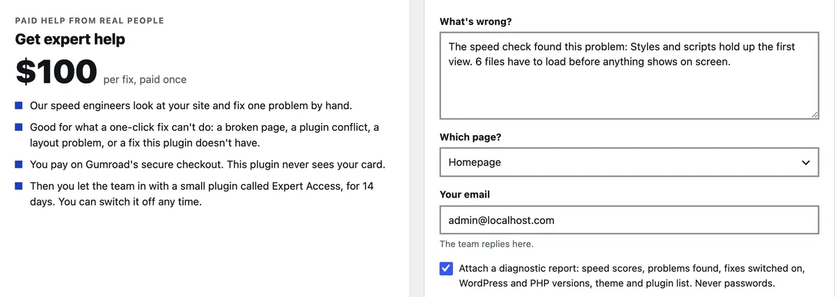 Get expert help tab in the plugin: $100 per fix, paid once, with the problem filled in, the page, your email and an option to attach a diagnostic report.