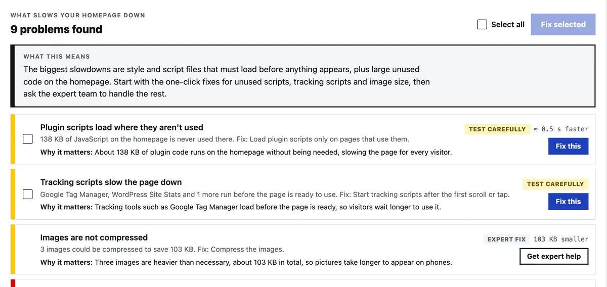 Problem list: a What this means summary, then each problem with a Why it matters line and a Fix this or Get expert help button.
