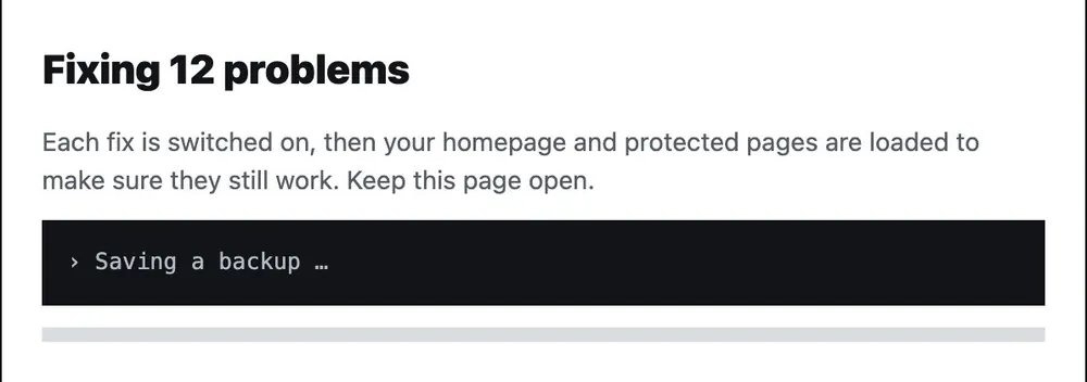 Progress dialog: Fixing 12 problems. Each fix is switched on, then your homepage and protected pages are loaded to make sure they still work.